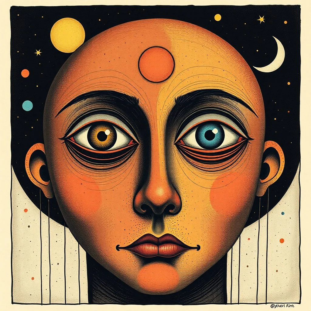 embalming cosmic puppet portrait osmosis, abstract surrealism, by Desmond Morris and Wassily Kandinsky, mismatched eyes, mind-bending illustration, asymmetric, Braille code characters, cool astral cosmic, crescent moon eyes