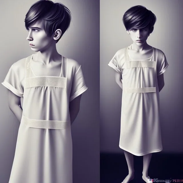 Russian short hair beautiful tomboy boyish boylike short man's haircut boyish features shortcut in black girlish nightgown in hotel wedding night