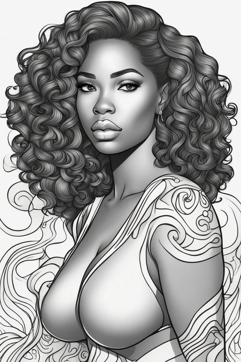 Create a coloring page of a beautiful curvy black female looking to the side with wavy hair. No shading, No color, clean lines