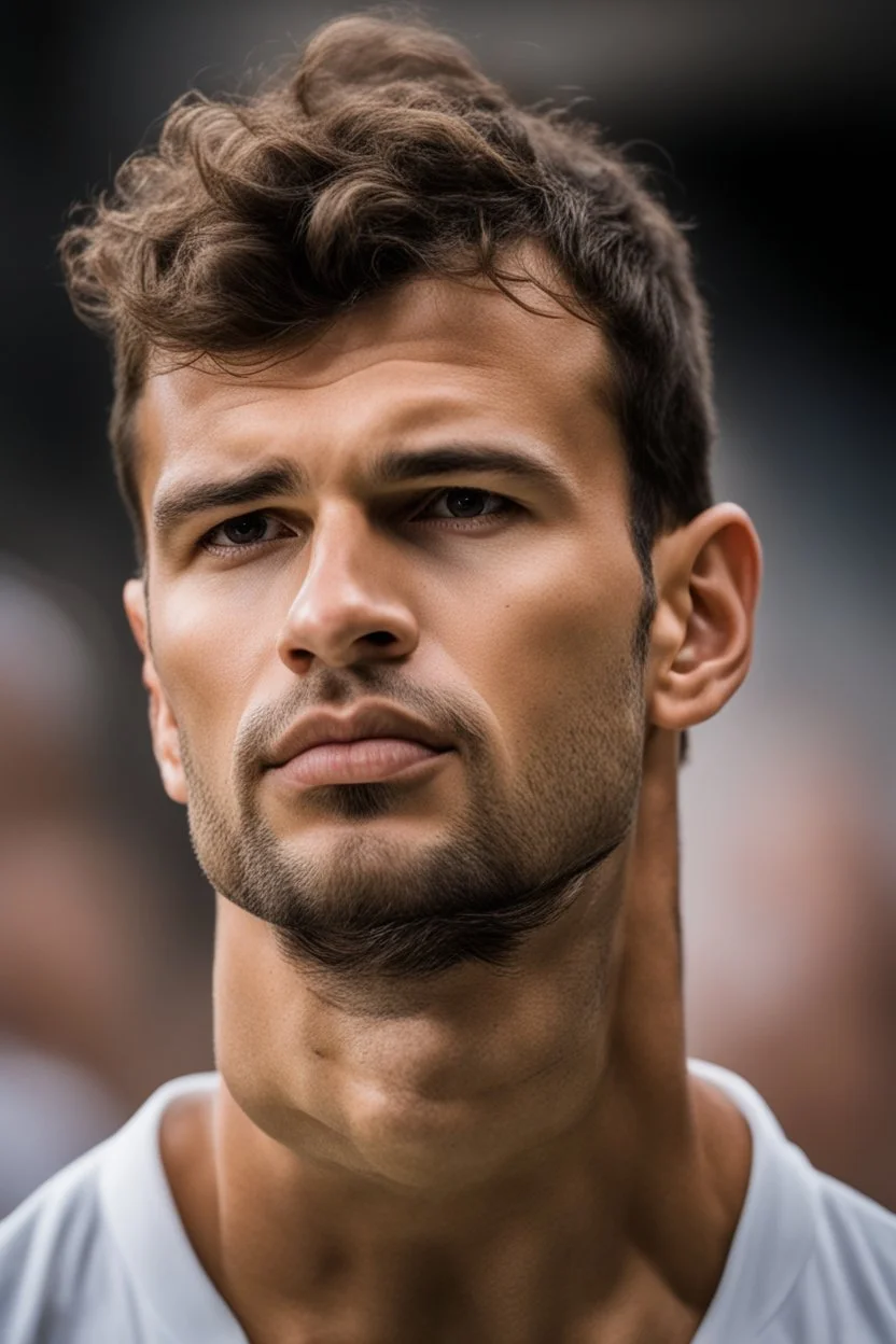 A hyper-realistic, A close-up of Grigor Dimitrov's intense gaze as he prepares to serve a powerful ace. Photo Real, HOF, full size, practicality,manufacturability,performance, (((realism, realistic, realphoto, photography, portrait, , realistic, beautiful, elegant, charming, apocalyptic environment, professional photographer, captured with professional DSLR camera,trending on Artstation, 64k, ultra detailed, ultra accurate detailed, bokeh lighting, surrealism, Thomas Kinkade background,