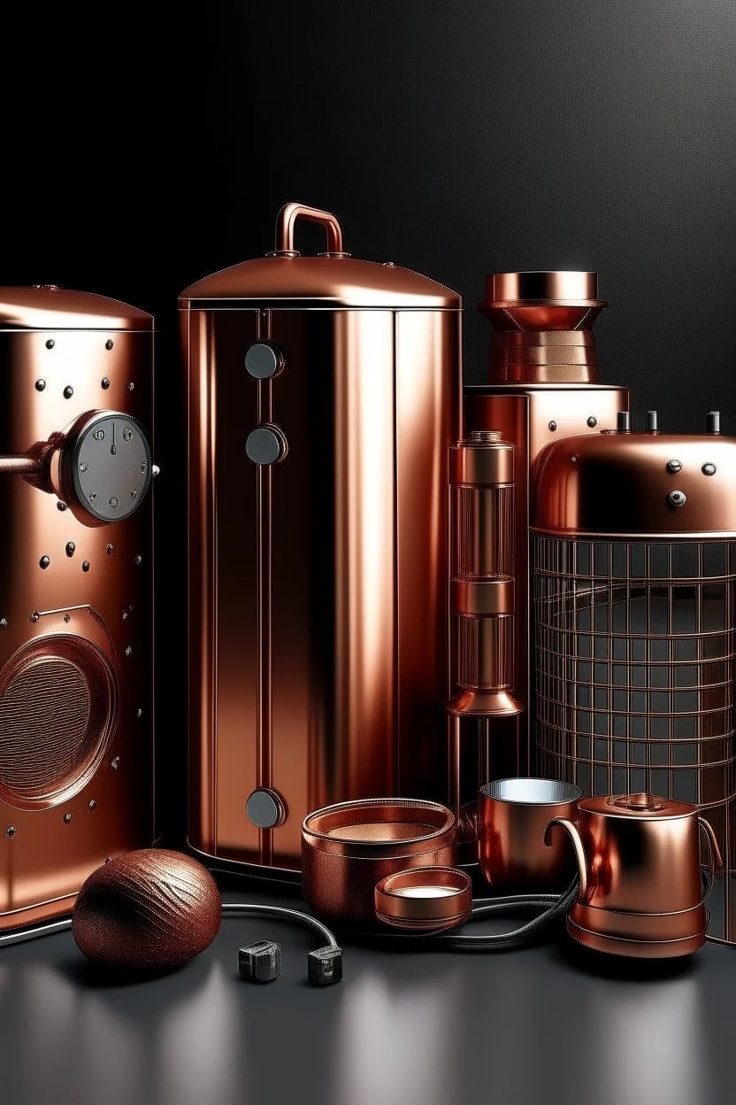 Please produce a picture of electrical appliances used in homes inspired by copper, which should be a fresh photo and for the cover of a poster. Please, it should be kitchen electrical appliances.