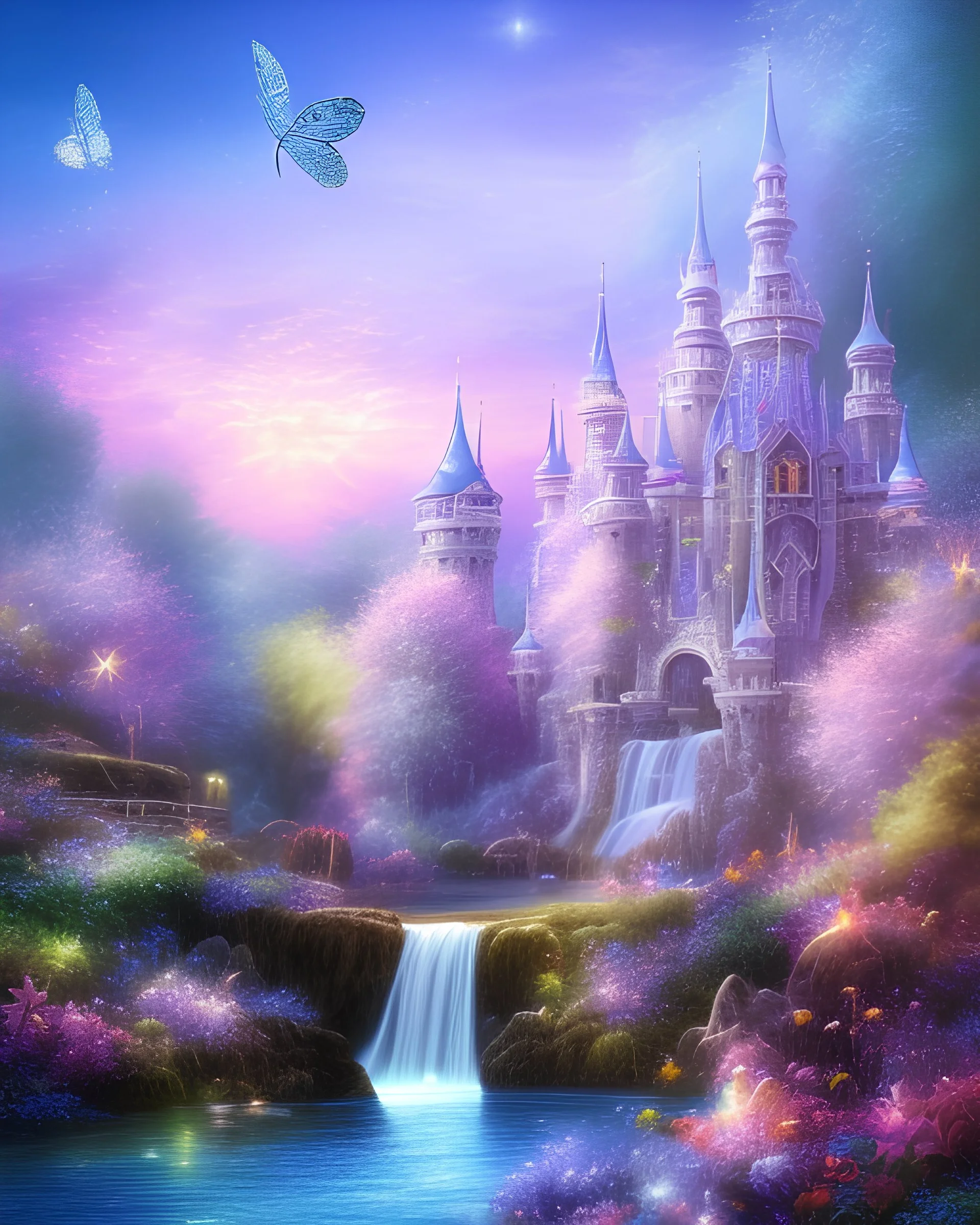 chateau bleu or mauve rose, étoiles, glossy, très belle nature, flowers, cascades,papillons, etoiles, champignons, fées tres magiques