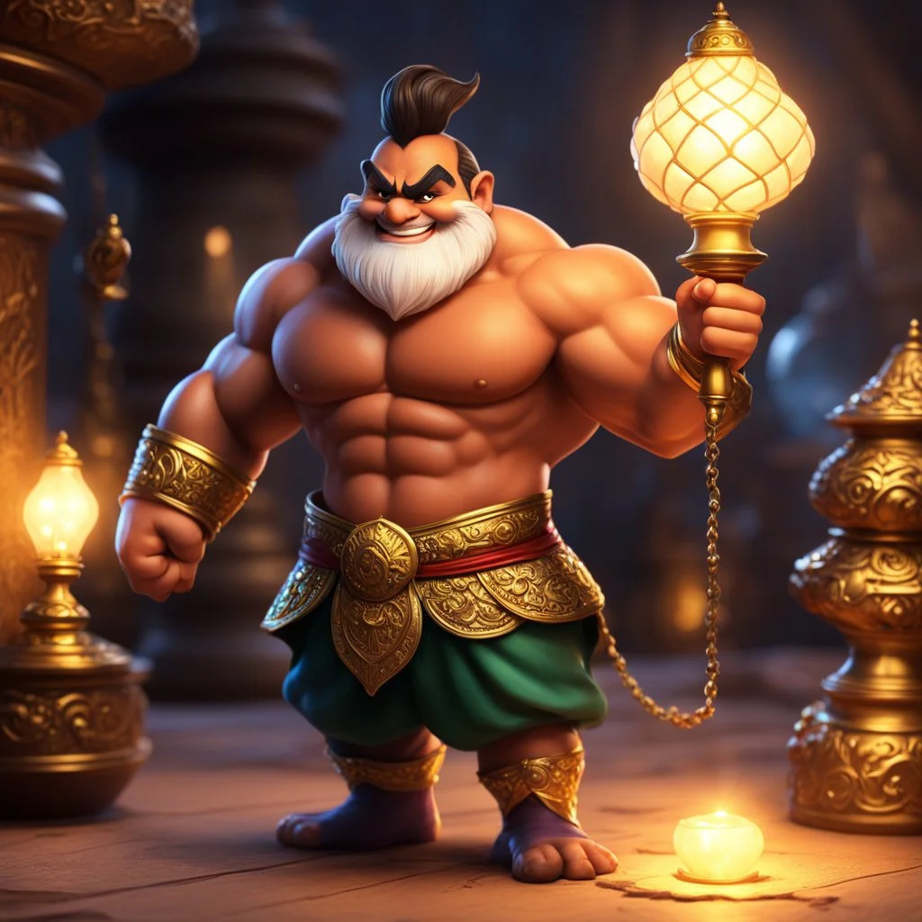 [tiny small lamp] a muscular giant genie Spilling Out with a smile of his very small lamp, his legs are still inside the lamp. How can he fit inside this tiny lamp? large genie spills out of the small lamp [in the treasure room]