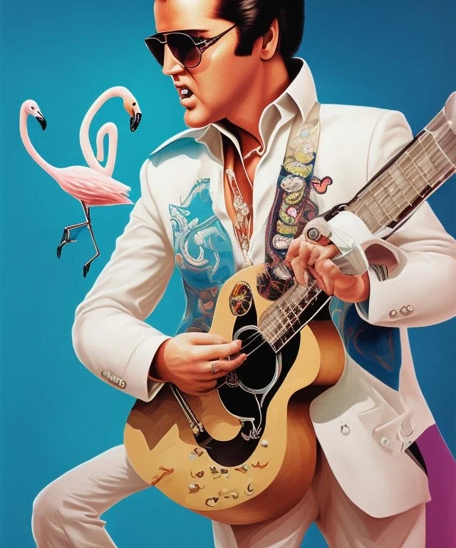 Elvis playing a flamingo as a guitar