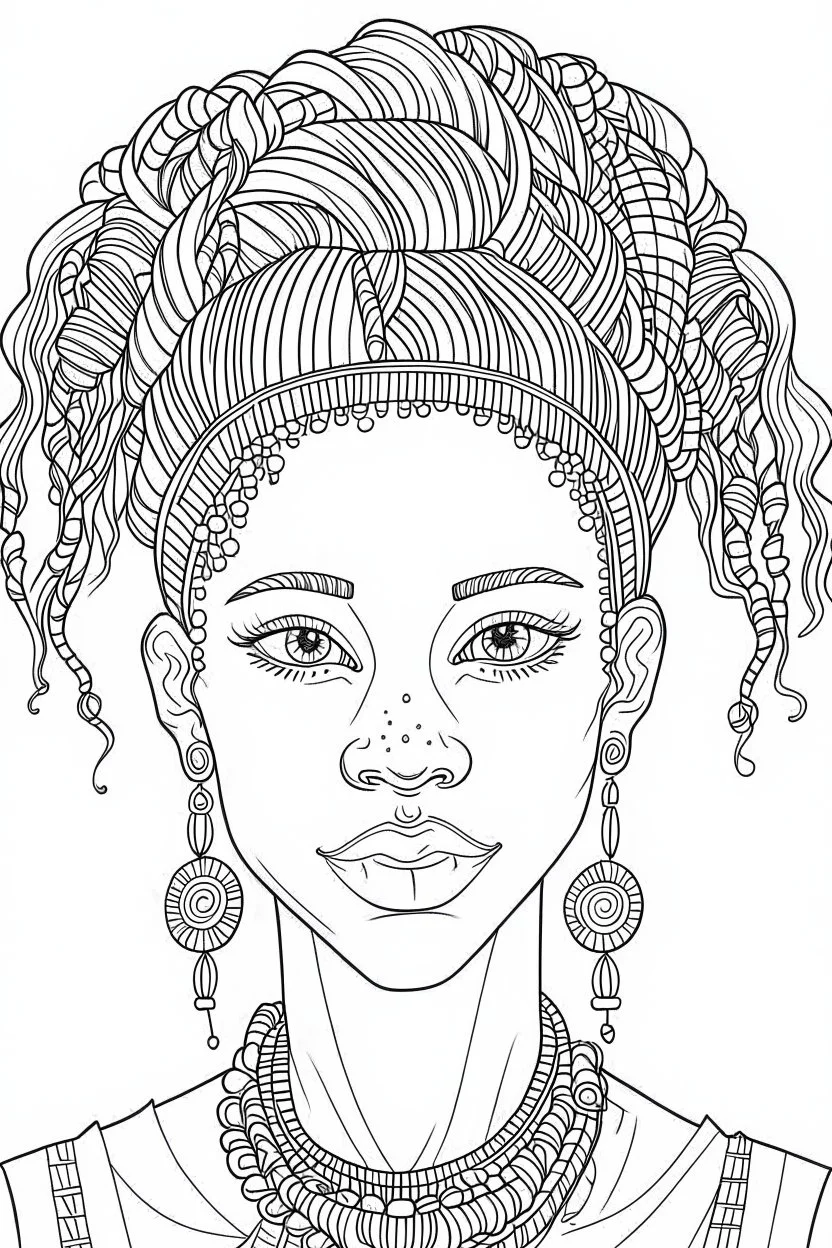 front position african girl face with beautiful hairstyle coloring page