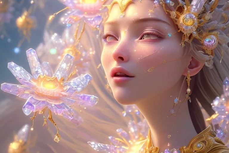 very beautiful crystal subtle goddess in a galactic ambiance, transparent petals, delicate colors, in the foreground, full of details, smooth, bright sunshine，soft light atmosphere, light effect，vaporwave colorful, concept art, smooth, extremely sharp detail, finely tuned detail, ultra high definition, 8 k, unreal engine 5, ultra sharp focus