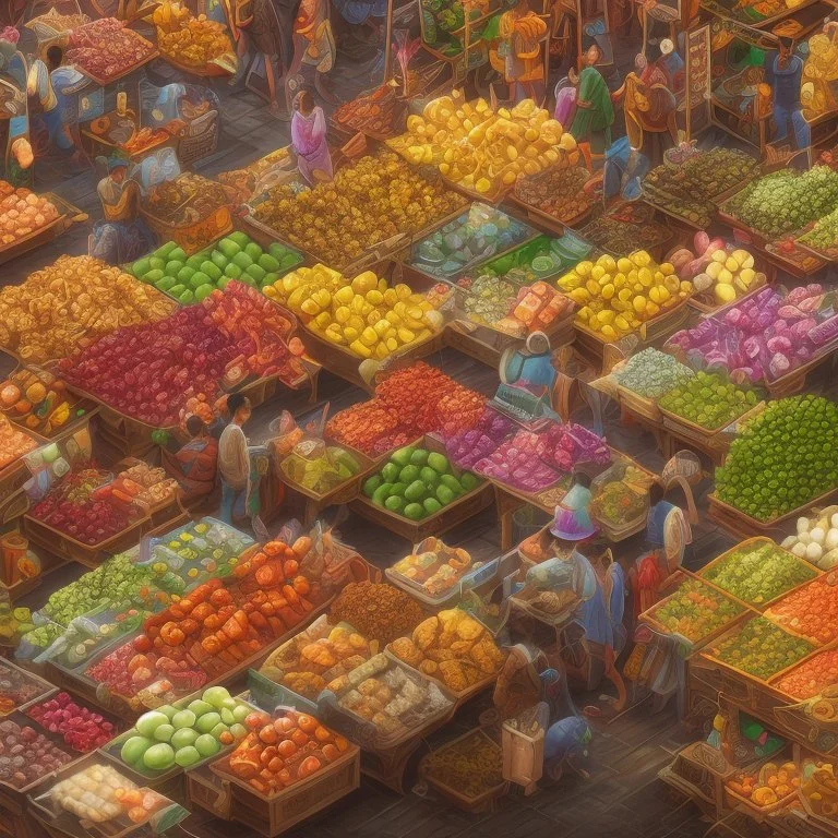 7. Generate an image of a bustling market with vendors selling exotic foods and goods.