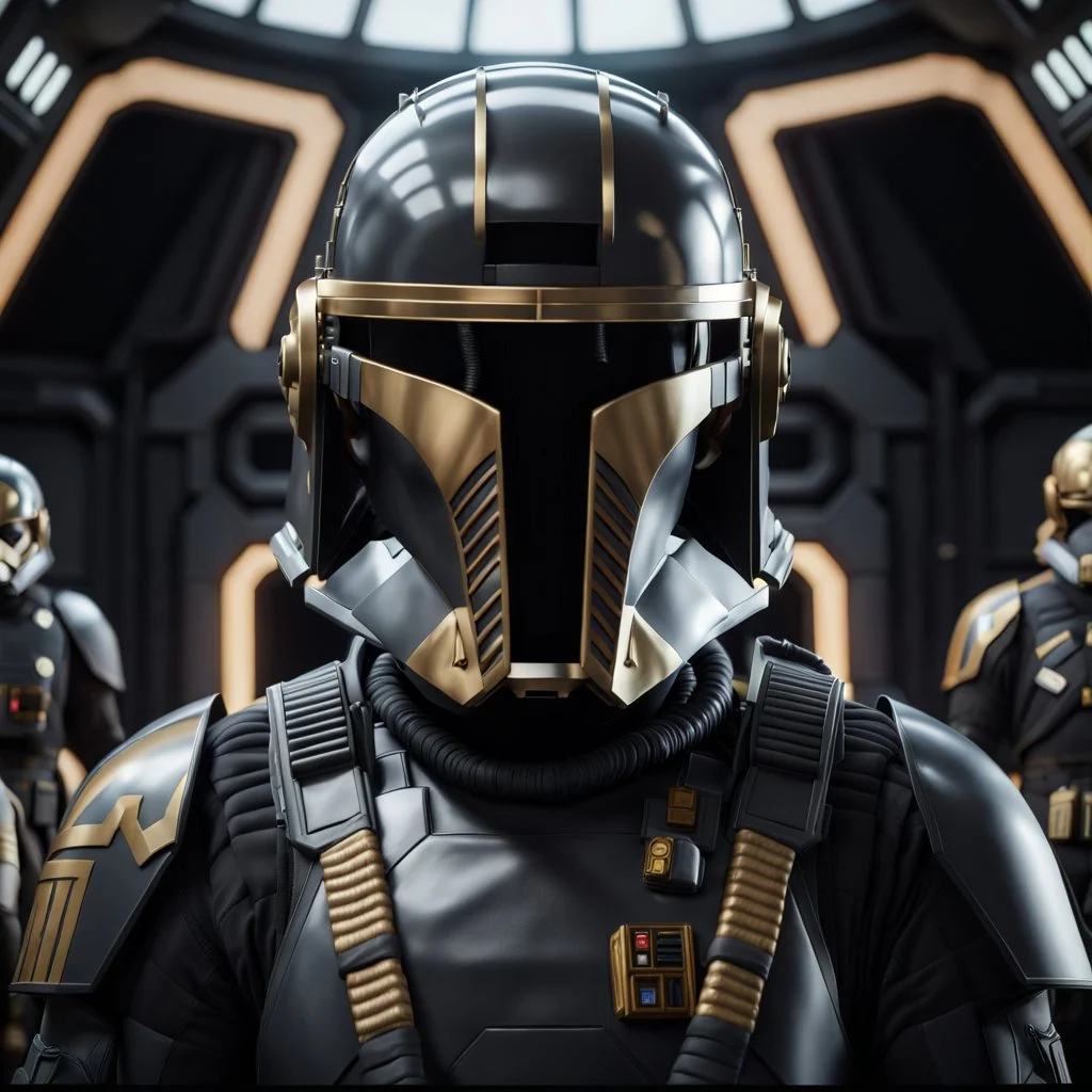 star wars bald male corellian pilot wearing dark gunmetal grey and black First Order special forces TIE pilot armored flightsuit and helmet with gold trim inside the jedi temple, centered head and shoulders portrait, hyperdetailed, dynamic lighting, hyperdetailed background, 8k resolution, volumetric lighting, light skin, fully symmetric details