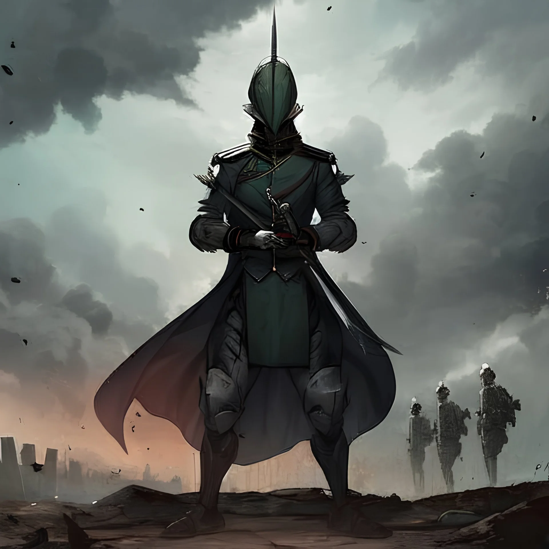 a heroic humanoid cactus without face, without hair, wearing a blue prussian officer uniform, sword in hand, background chaotic medieval battlefield, storm, dark sky, soldiers