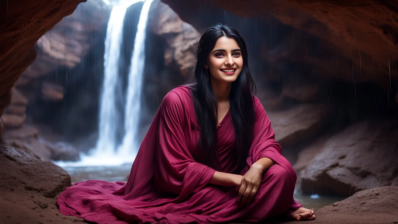 Hyper Realistic Photographic Outside View Of A Gorgeous Pashto Girl (Wearing Simple Burgundy Colored Dress & Wearing Plain Pink Dupatta On Her Neck) Sitting & Giving A Little Smile In A Cave & Showing Her Long Black Hair With Waterfall View Outside, With Heavy Rain Outside Cave At Dark Night Showing Dramatic & Cinematic Ambiance.