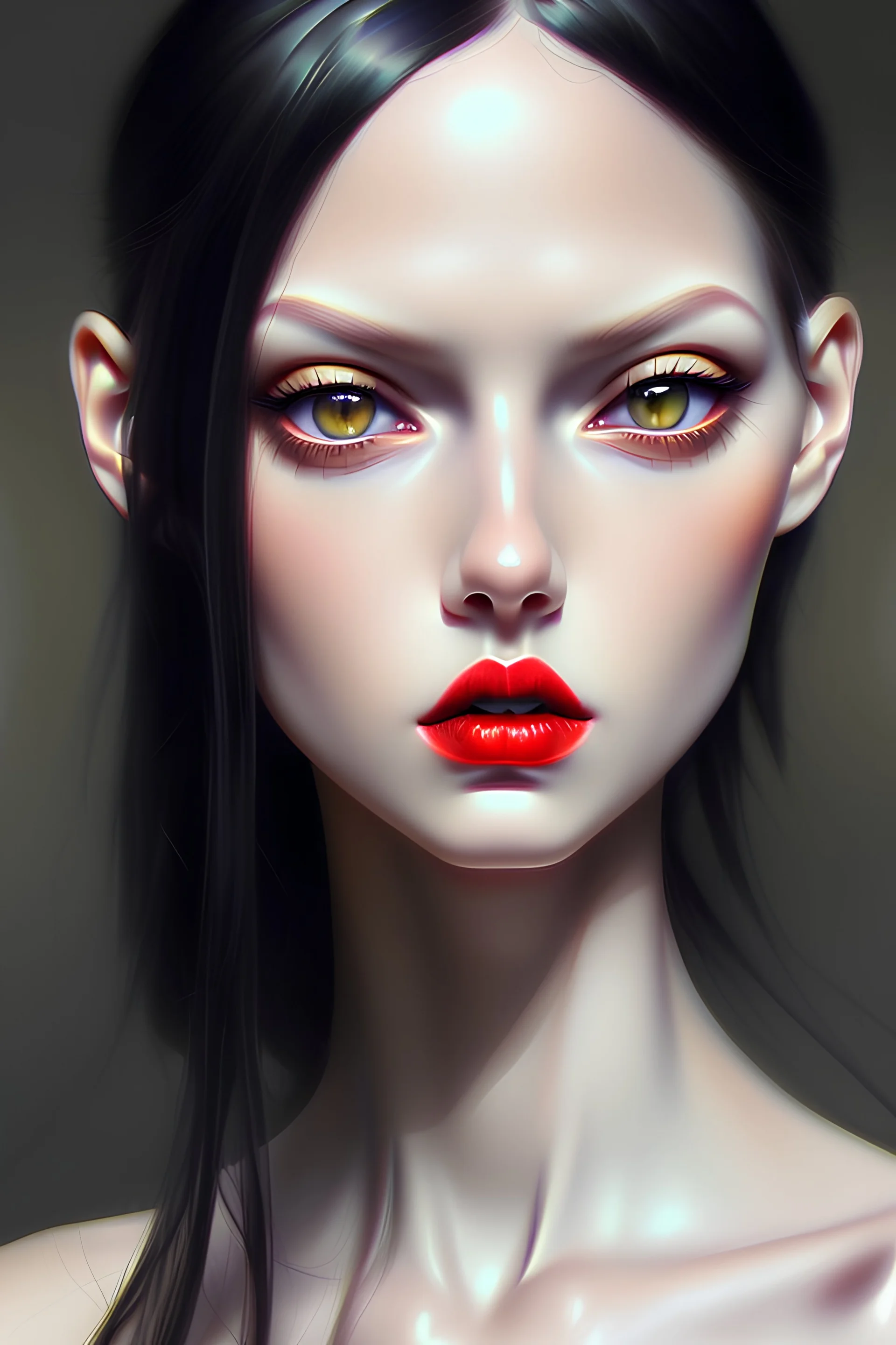 girl, long black hair, yellow eyes, delicate facial features, cheekbones, fair skin, slim figure with waist, art, realistic art, fantasy art, red lips, black dress