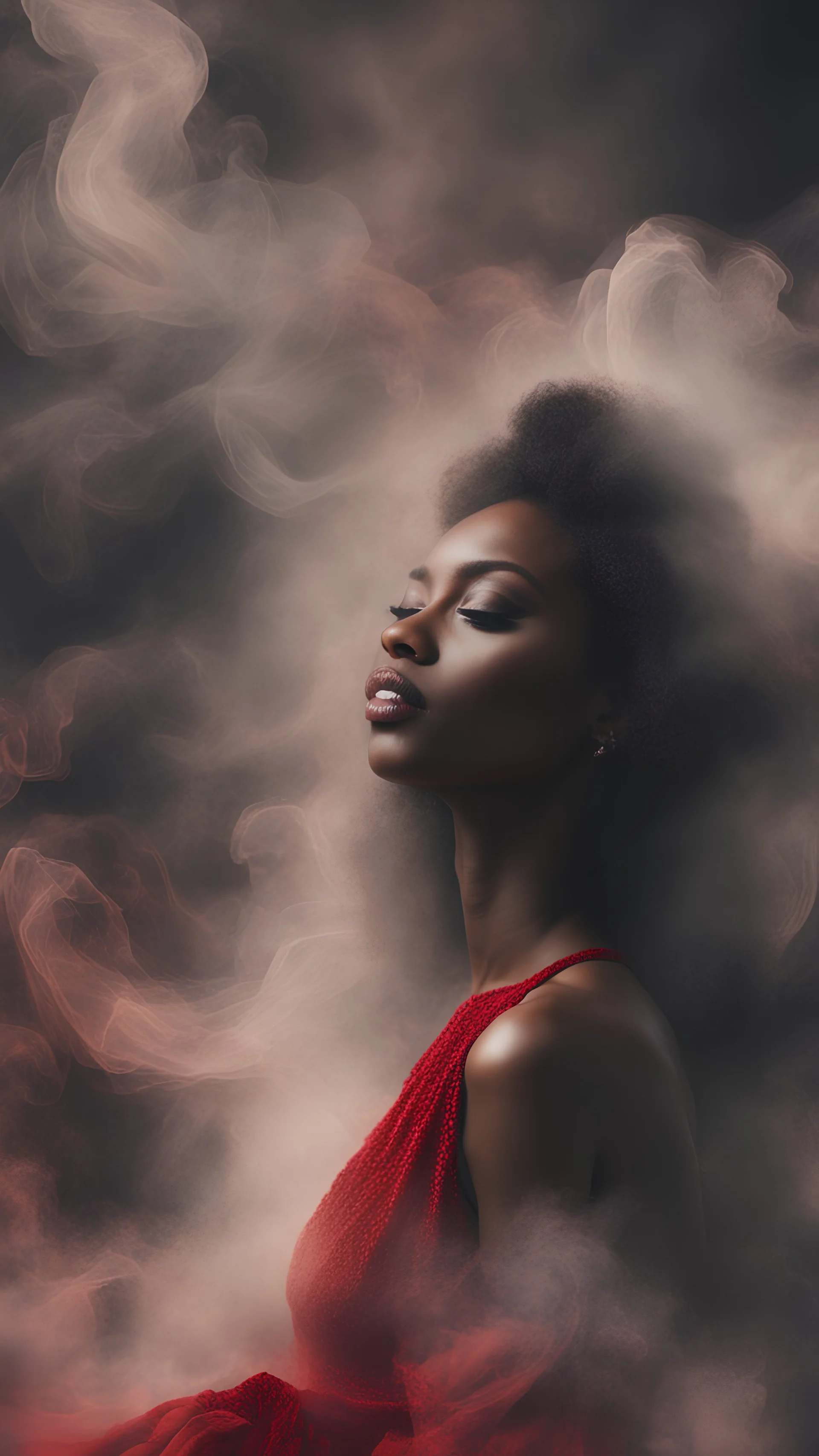 beautiful black women in red Smokey ethereal, heavenly background