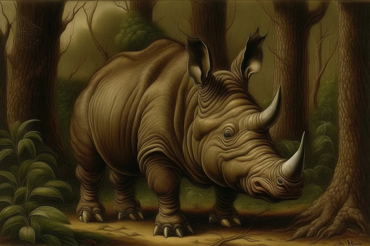 A dark brown rhino in a forest painted by Albrecht Durer