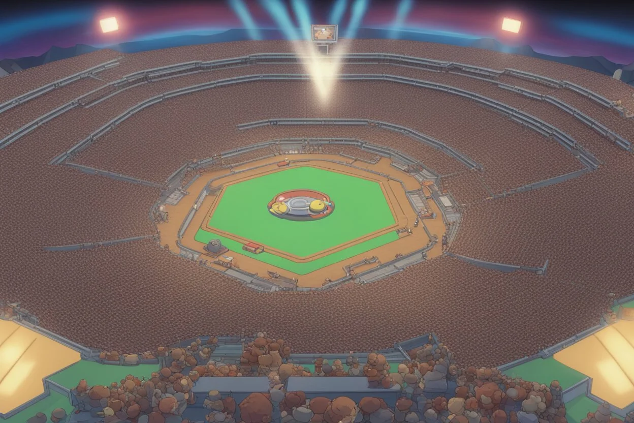 a Pokémon stadium with many lights and a big crowd, cell shading