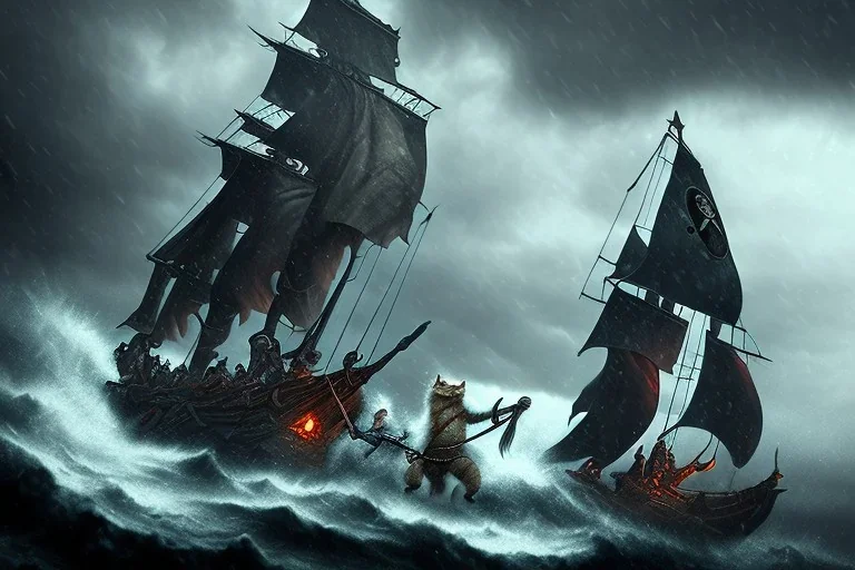 Nord Barbarian, Khajiit Ranger and Altmer Rogue aboard a pirate ship in the storm