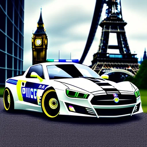 A police Tesla Cybertruck is chasing a Tesla 'Model S Plaid' at top speed, by the 'Tower Bridge', in London. CINEMATIC. WIDE ANGLE LENS.