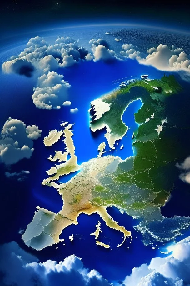 European countries are viewed from space, roads, cities, signs are visible. Highlight the names of the countries on the map. The clouds are naturalistic