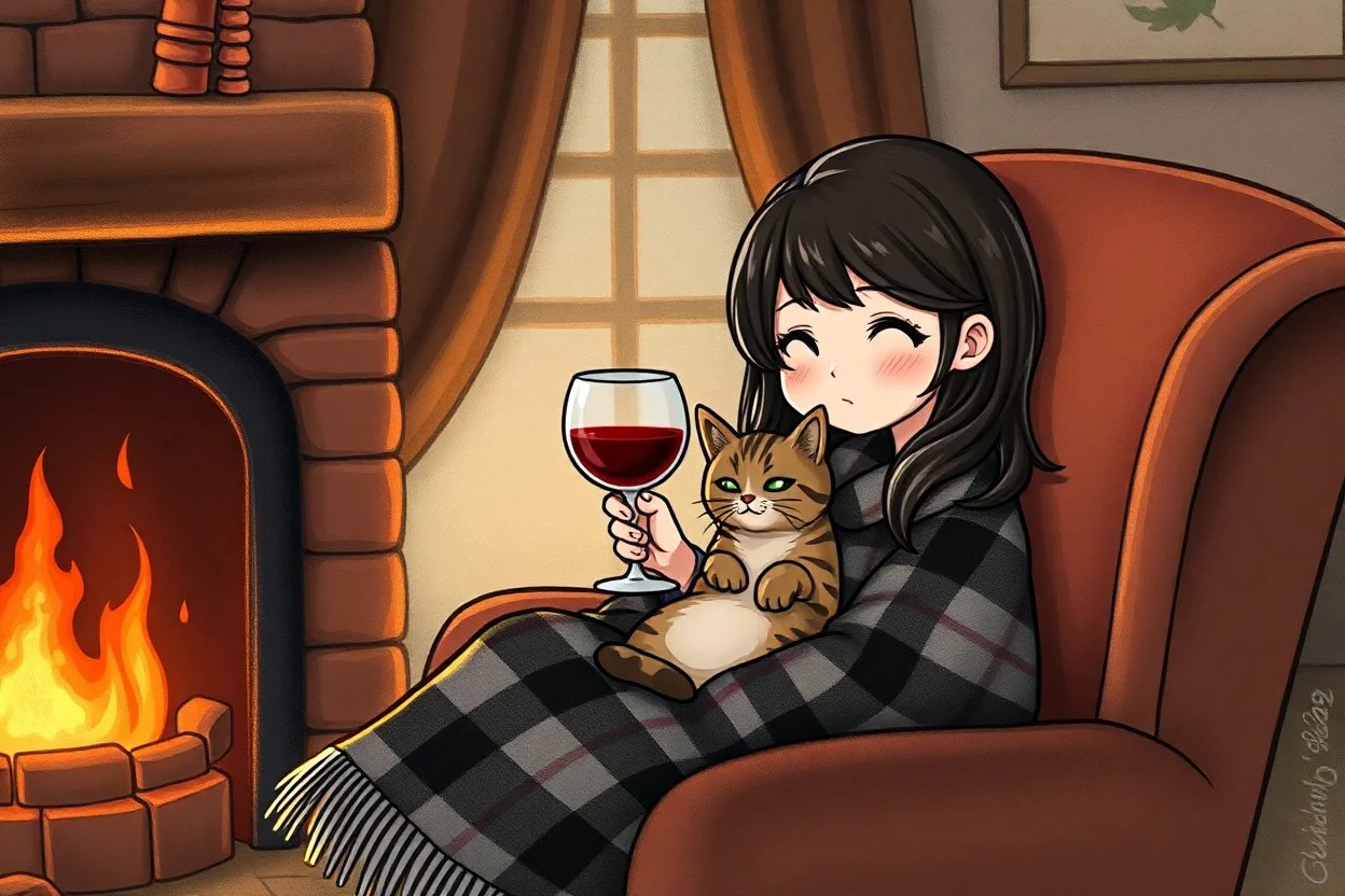 cute chibi brunette woman by the firelight, wrapped in a plaid blanket, curled up in an armchair with a tabby cat on her lap, drinking red wine from a glowing glass, S<AI, charcoal