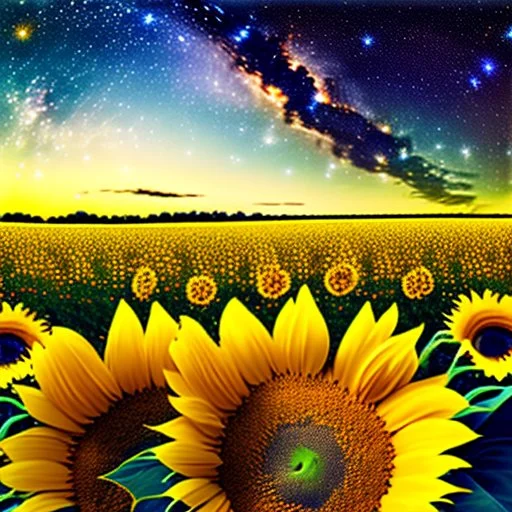 above a field of sunflowers the Milky Way curves in a summer sky digital art