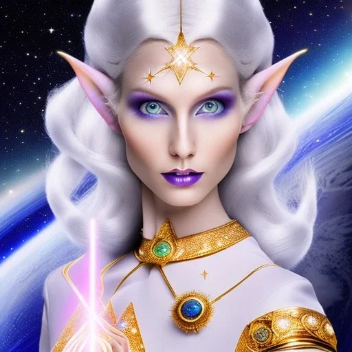 cosmic mage, elf, female, cosmic magic, long ears, white hair, face details, pale skin, jewellery, broad shoulders, sharp ears, star clothes, cosmic eyes, ears shown, the cosmos in eyes, shining eyes, thin face, detailed ears, magical eyes, closed mouth, make up, smiling face, happy face, pointy ears