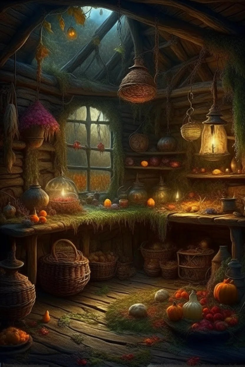 autumn landscape in the hut of a witch in a hat brews a potion+glass jars+basket+ +dried flowers+wildflowers+moss++decoupage of flowers+embroidery technique+braided beads+vine+moonlit night,fabulous landscape,surrealism,realism,naturalism,dot technique,microdetalization,high detail objects,digital illustration,volumetric clarity,dark fantasy,dark botanical.