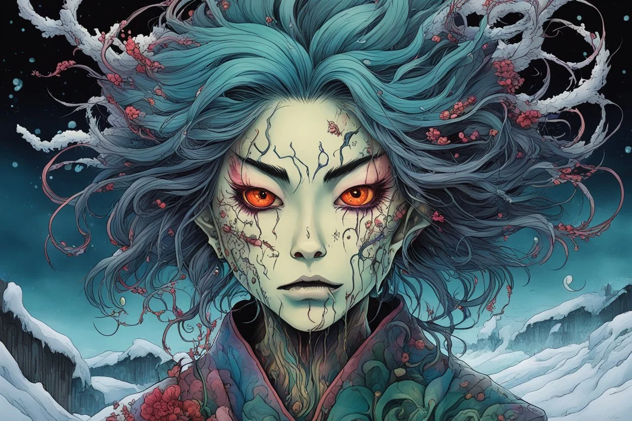 full color 3/4 profile portrait of a haggard and malevolent Harionago yokai "Barbed Woman" with wild, highly detailed hair and slim, narrow facial features, in a haunted snow clad tea house pierced by shafts of moonlight , art in the style of Alex Pardee, spirited away, studio ghibli, , 8k , finely detailed and precise line work, soft gauzy pastel colors