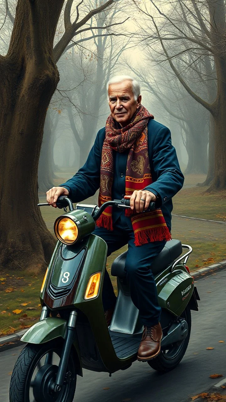 Hieronymus Bosch style , Biden wearing a an Arabic scarf on electric scooter 4k