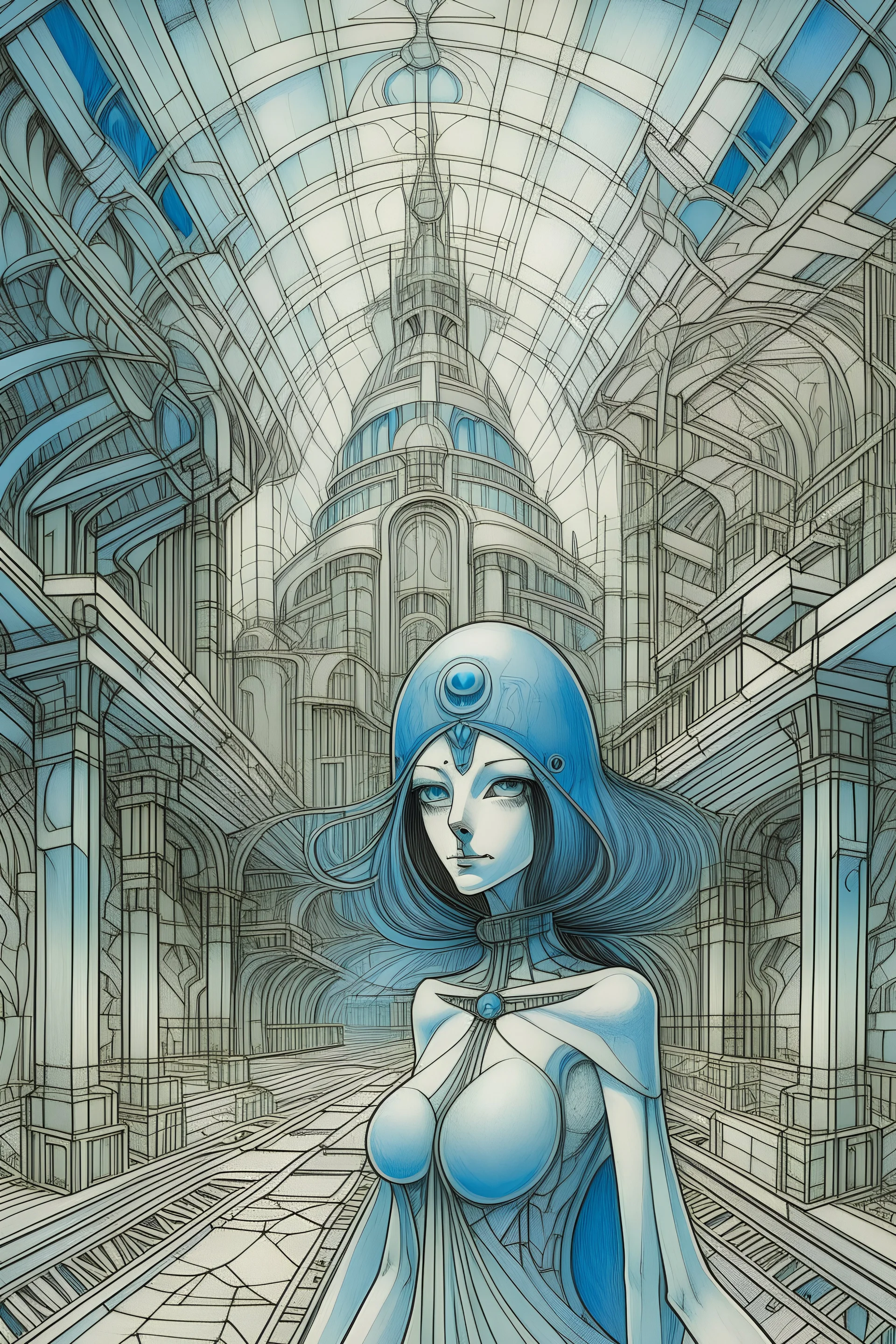 Bernard Boutet de Monvel, Le Corbusier, Surreal, mysterious, strange, fantastical, fantasy, Sci-fi, Japanese anime, Daedalus's artificial labyrinth, beautiful winged girl, architectural drawing, perspective drawing, perspective, blueprint, perfect voluminous body, detailed masterpiece colour hand drawings