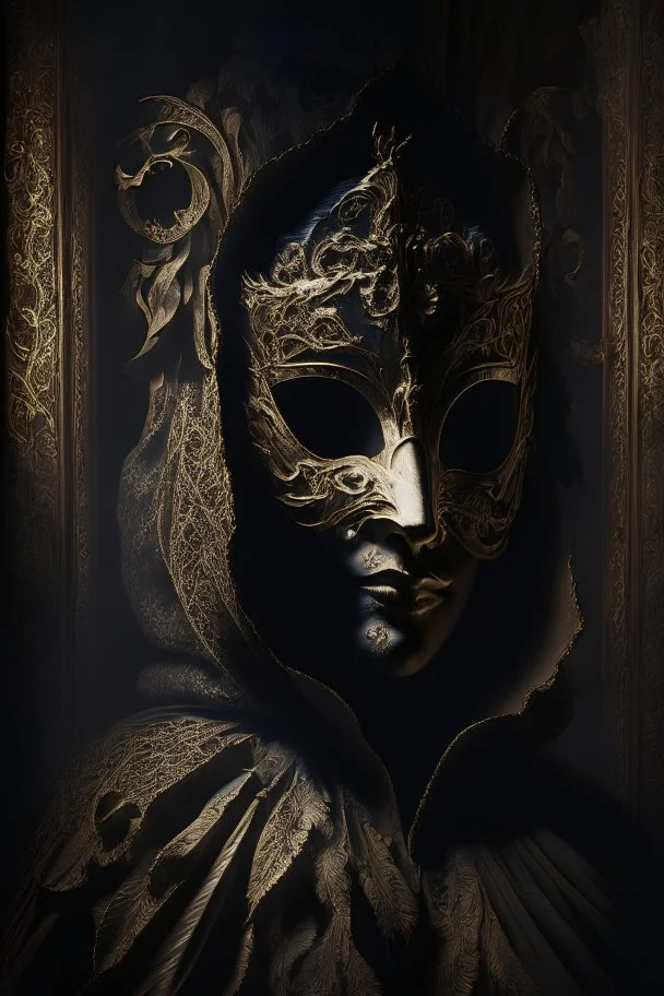 An intriguing, chiaroscuro-style portrait of a mysterious figure wearing a Venetian mask, shrouded in shadows and a dramatic play of light and dark, capturing the enigmatic aura and the intricate details of the ornate mask.