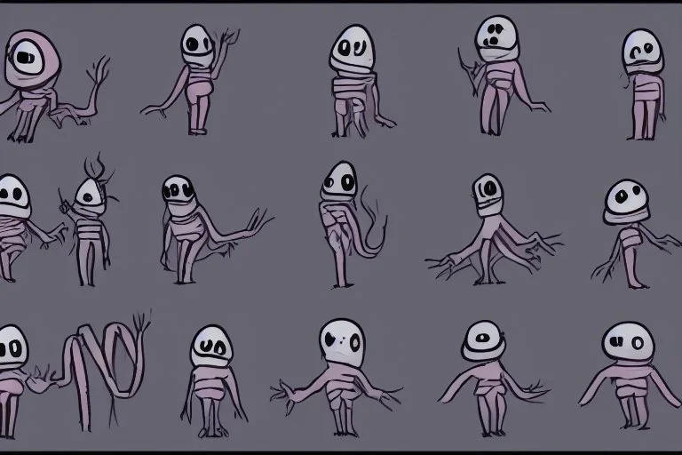 make a bunch of simple hand-drawn spooky and cute cartoon characters with bodies arms, and legs I could draw and make them all different