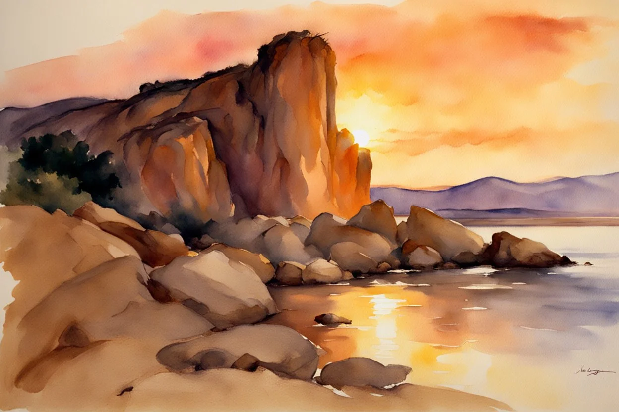 Sunset, rocks, mountains, rocky land, epic, john singer sargent watercolor paintings