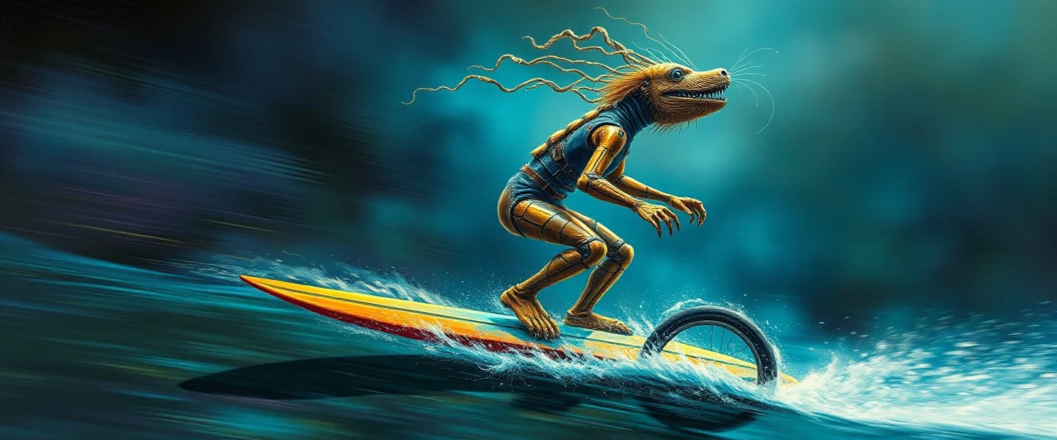 airbrush and pen outline, master oil painting by Rembrandt, viggo sandvik as insane eel wild ginger robot on surfboard boat trike , goa trance glitch poster, background motion blur, volume fog with light rays