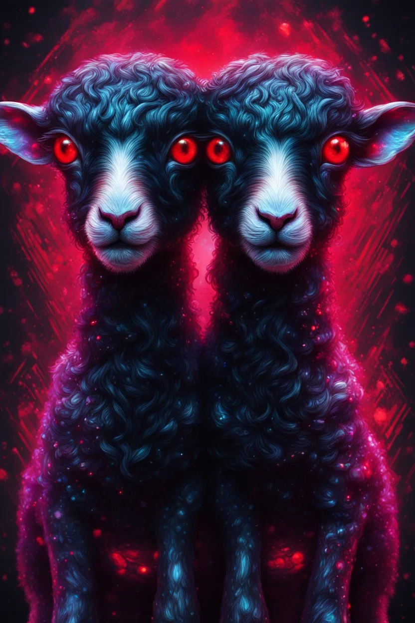 Comic book art style two headed lamb with red eyes, digital portrait, dark fantasy, black iridescent skin, holographic, shiny, PVC texture, wet look, anime, gothic