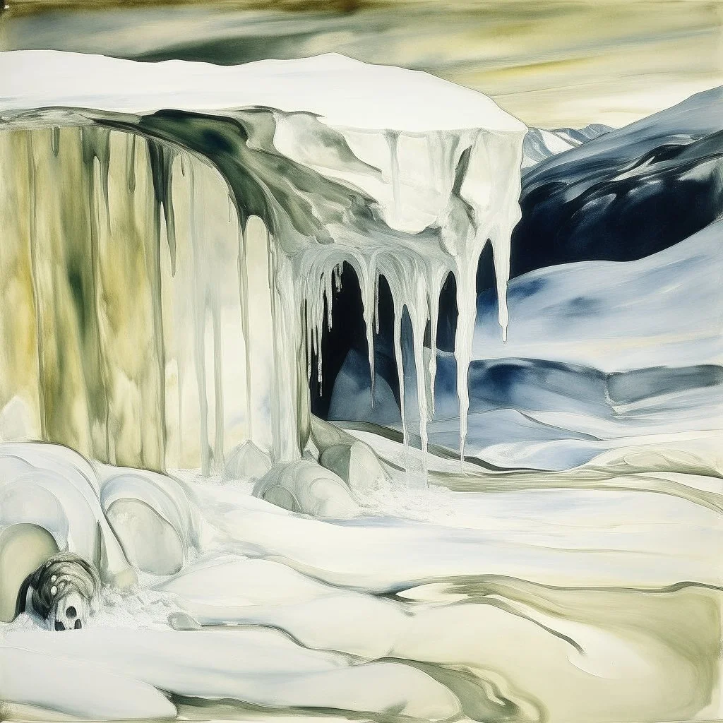 A white snowfield with a frosty cave painted by Edvard Munch