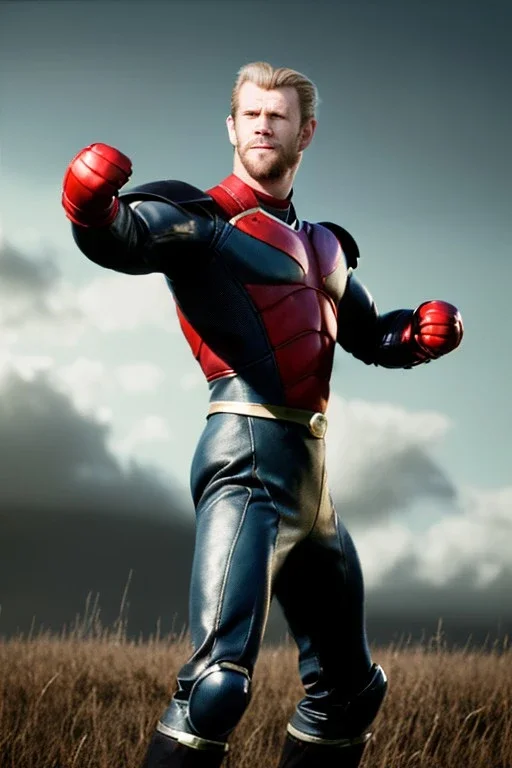 retro portrait image from 1960, sky background, wind, extra long blonde hair, fighting stance, young Chris Hemsworth, clean shave face, black dress, classic long tight lycra black suit, red cap, platinum lycra with scales on the arms, gold bracelet and belt, high boots, soft color, highly detailed, unreal engine 5, ray tracing, RTX, lumen lighting, ultra detail, volumetric lighting, 3d, finely drawn, high definition, high resolution.