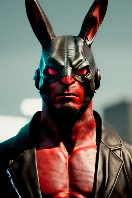 Medium Close Up Portrait, Front image. cyberpunk, rabbit mask helmet, strong man, titanium hair. Leather suit. Black, red, color. Hellboy style. Color background, photo studio. Avatar image, highly detailed, concept art, smooth, unreal engine 5, ray tracing, RTX, lumen lighting, ultra detail, volumetric lighting, 3d, finely drawn, high definition, high resolution.