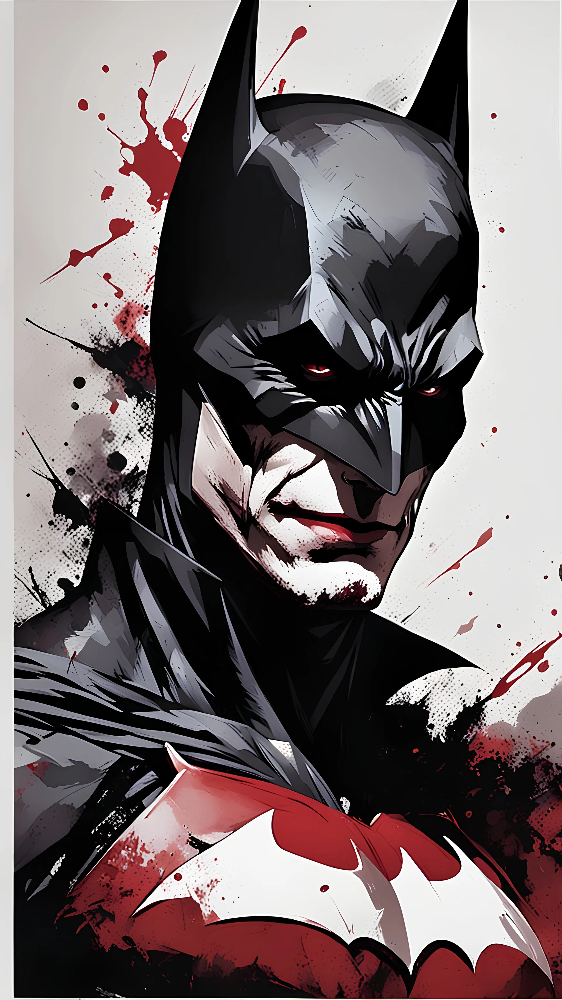 poster in two gradually, a one side half face Batman dark tones and other side half face Joker darkred tones, painting by Yoji Shinkawa,