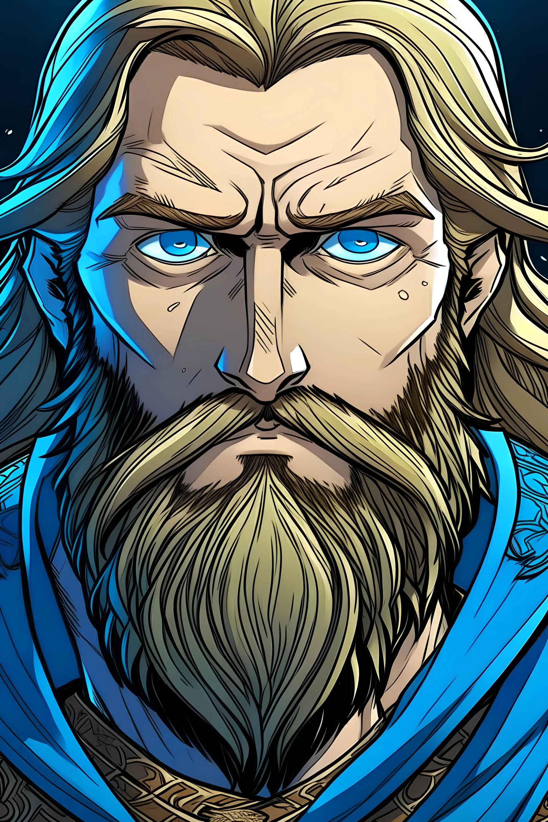 royal scribe, noble face, blue eyes, full beard, long blonde hair, digital comic style