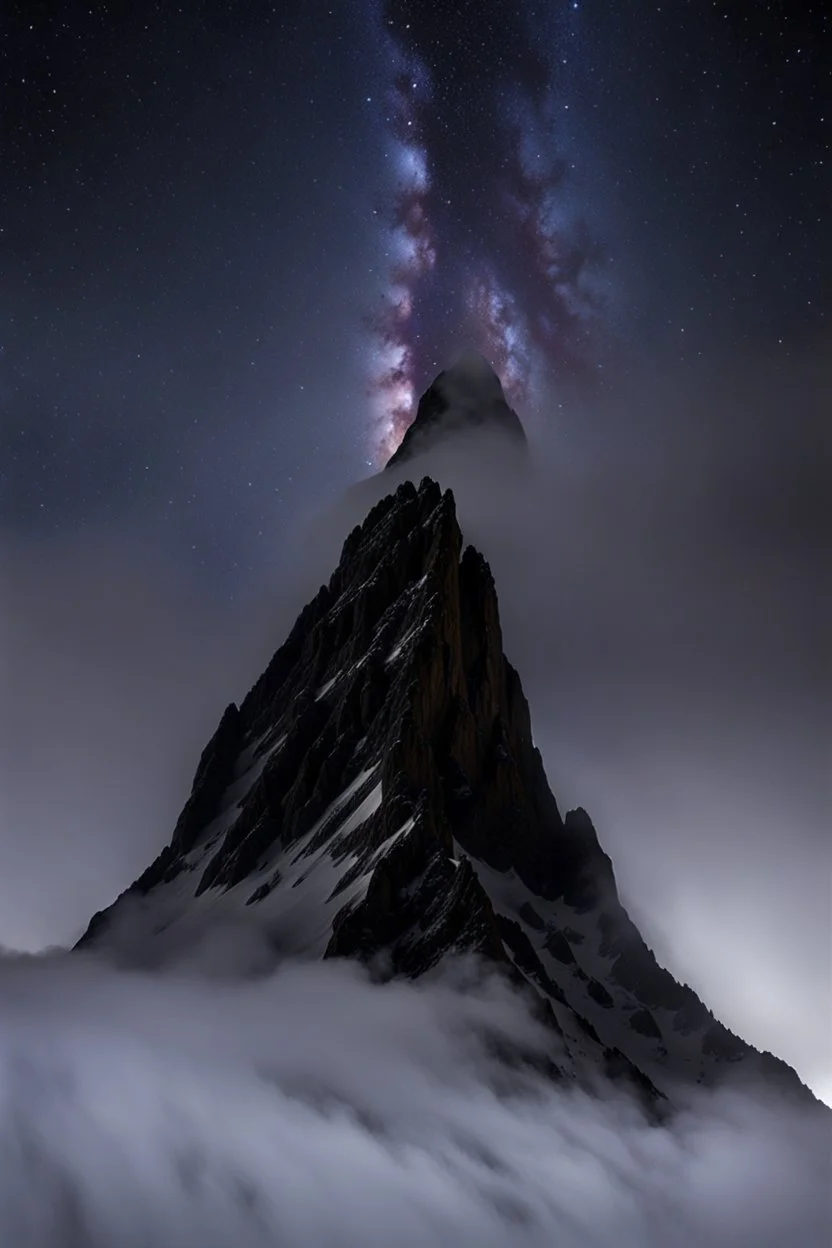 looking up from below at one single mountain sharp face rises out of the misty foreground into the night sky background.