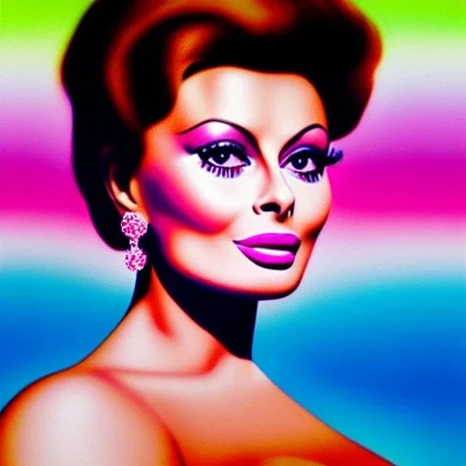 portrait in oil of young busty beautiful SOPHIA LOREN, purpurin, minimal skintight latex pink dress, gradient color, BLUE, PINK, CYAN, neon, insanely detailed,realistic,intrincate detail, 16k resolution,with big crystal clear green eyes looking to viewer,realistic,intrincate detail, with ruby necklace by Adam hughes 16k