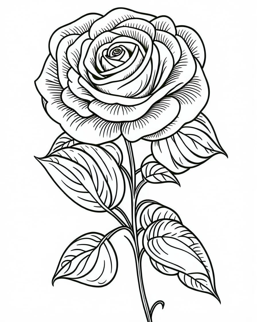 outline art for bold and easy coloring pages with A very simple and super minimal design featuring a beautiful rose., white background, sketch style, fully body, only use outline, cartoon style, clean line art, white background, no shadows and clear and well outlined