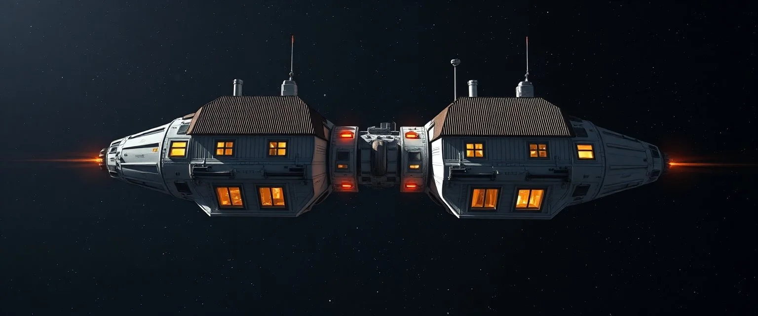 a space craft that look like two upside down houses connected