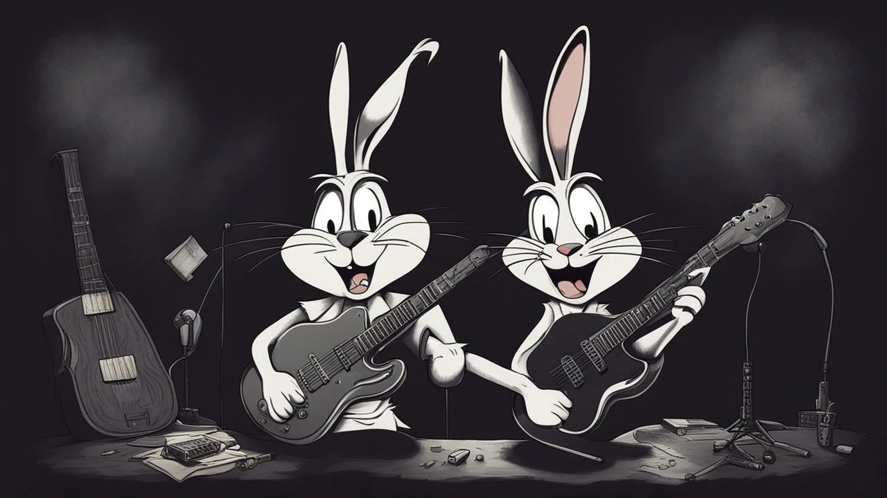 dark melancholic Bugs bunny deppressed doing music rock and roll dark heavy metal on a scene alcoholic