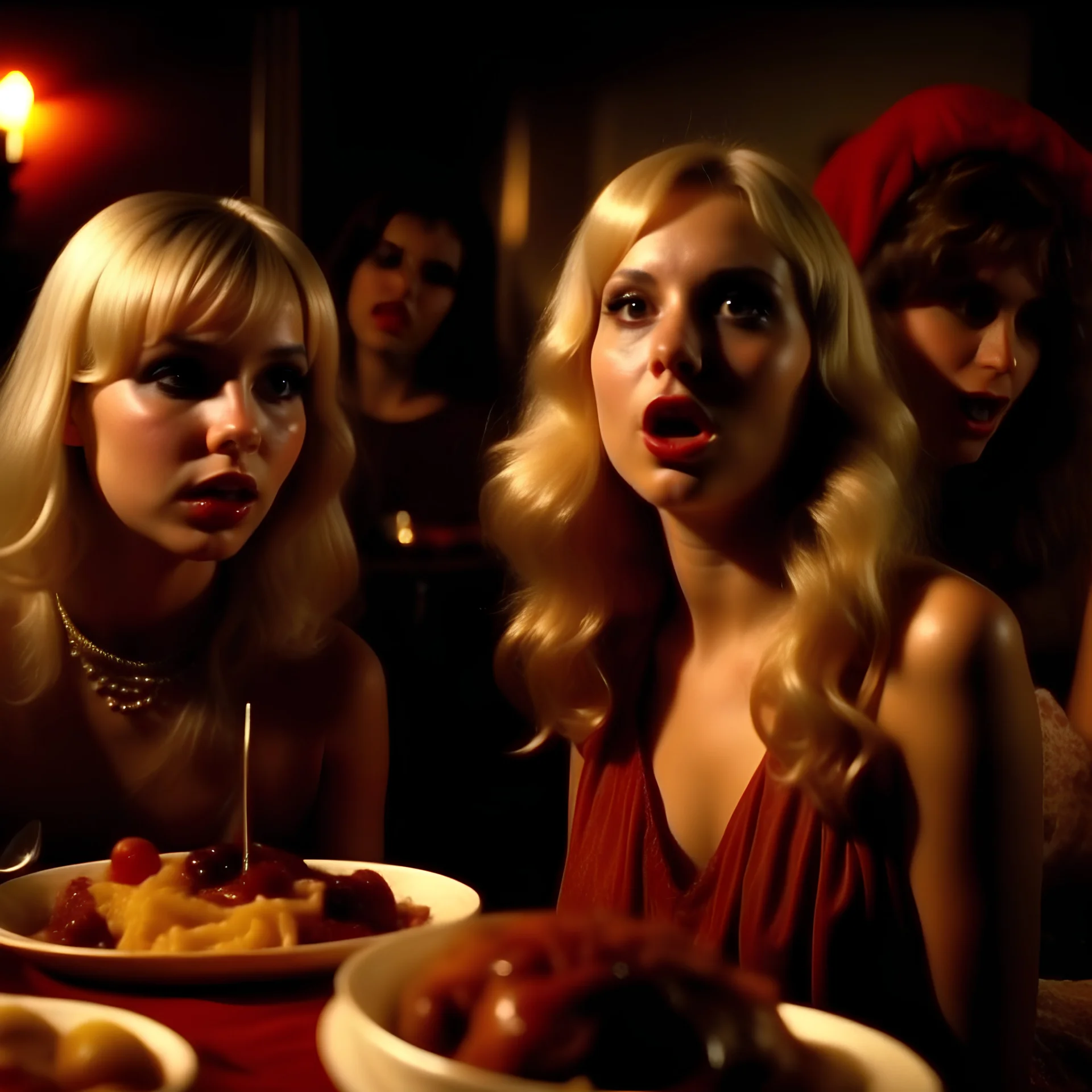 Horror movie shot, hot party, die, ultra realistic, dine, pastel, ultra chaos, realistic hot blonde women, pieces of meat, Caravaggio, monster, horn, satan, pieces of organs, hot, 1970's Italian horror movie, sinister, Dario Argento, Stanley Kubrik, ornate, 4k, photorealism