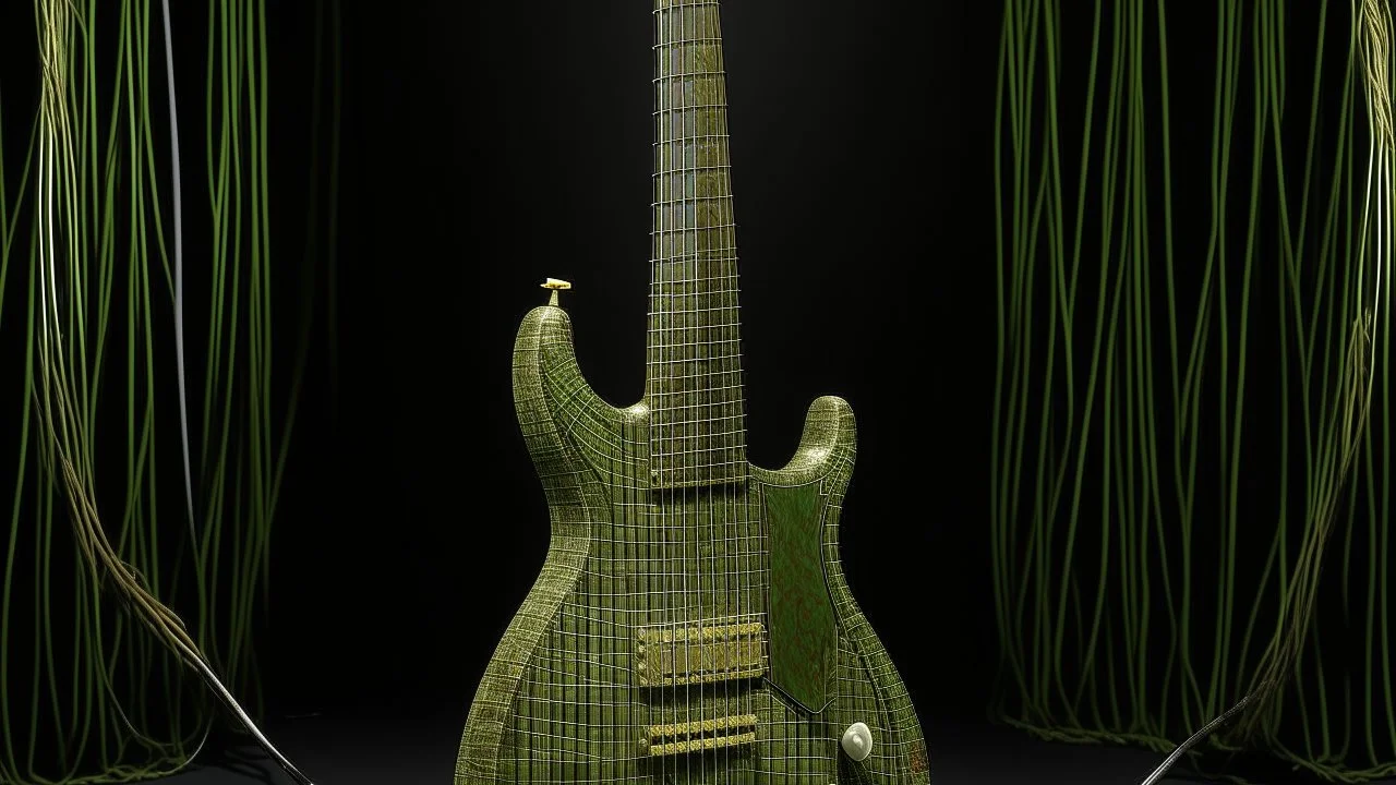 An olive green nuclear guitar designed in Navajo woven art painted by Claude Monet