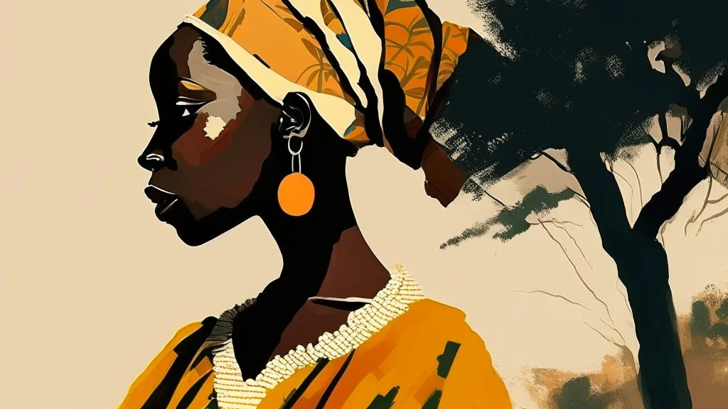 Design, African woman, oil painting, featureless, graphic, drawing without facial features, background, sky, trees, traditional clothes, look to left