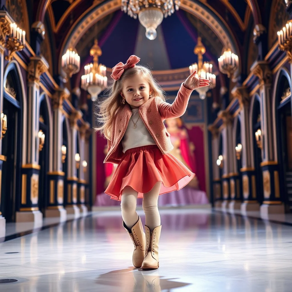 a 2 years old girl in modern clothing and makeup dancing with cute and joy with pertty boots in a modern royal hall