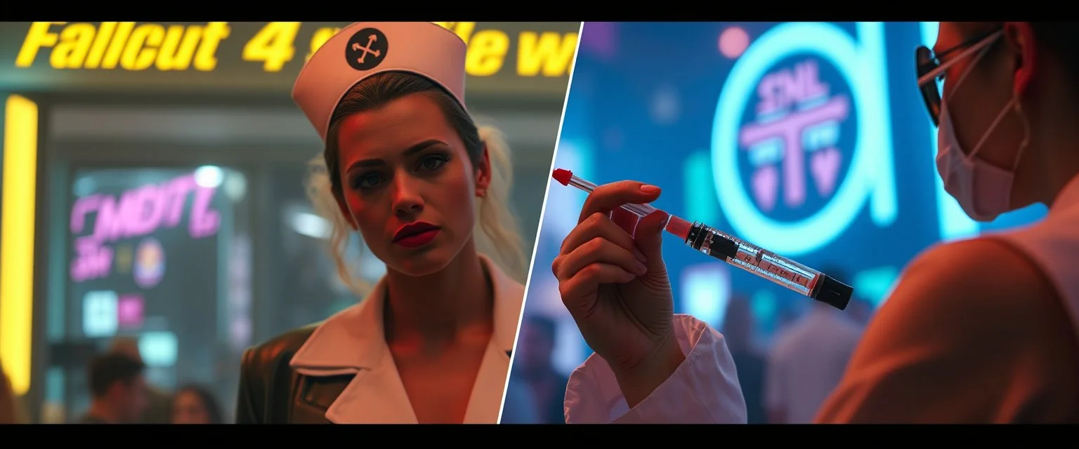 cyberpunk mega city fallout 4, A cinematic, high-end advertisement image for a fictional service called “Posh on Stage Fashion Catwalk with Spice Girl Nurse Glam Fashion Party™”. Split-screen composition with two contrasting emotional states. Mad scientist getting injected.