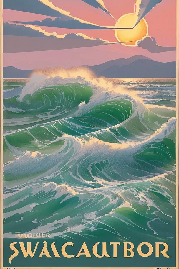 Vintage travel poster showcasing the majestic waves on beaches of Landes in France in a watercolor painting style reminiscent of 1930s European travel advertisements, like those by Henri Cassiers. The scene is captured during golden hour with soft glows highlighting the peaks, featuring muted pastels with pops of rich blues and greens. The composition offers a wide-angle view, with a focal length of around 24mm, presenting a vast mountain range at the center and a quaint village at the base.