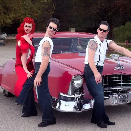 a 50s Greaser ROCK BAND standing in front of a hot rod